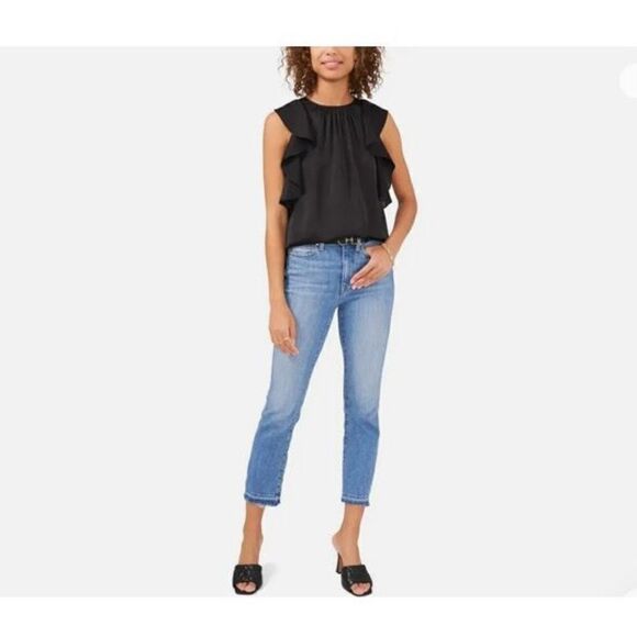 VINCE CAMUTO - L Sz M “Fresh Look” Ruffle Edge Rumple Blouse in Rich Black. NWT! - Picture 1 of 10